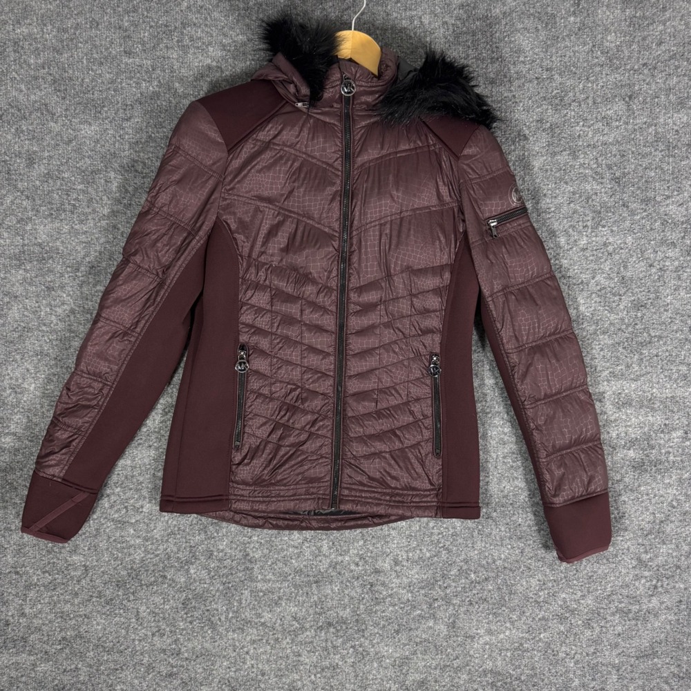 Michael Kors Puffer Jacket Faux Fur Hood Women S Burgundy Nylon Down Fill EUC